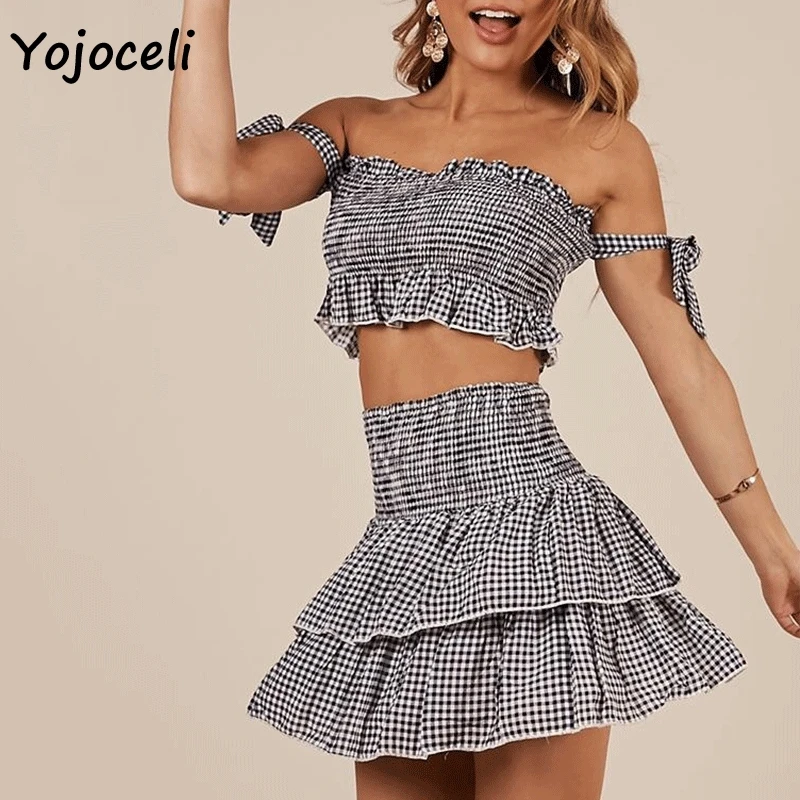 Yojoceli 2019 летнее клетчатое платье из 2 предметов женское уличное мини с бантом