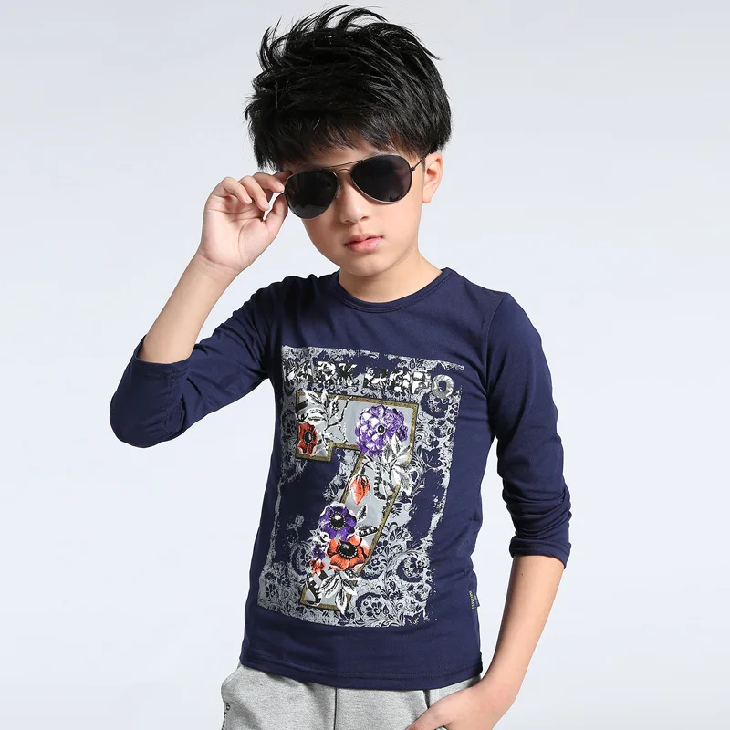 Хлопковые детские футболки с длинными рукавами для мальчиков, футболки с принтом «Семь цветов», детская одежда, От 6 до 16 лет - Цвет: Тёмно-синий