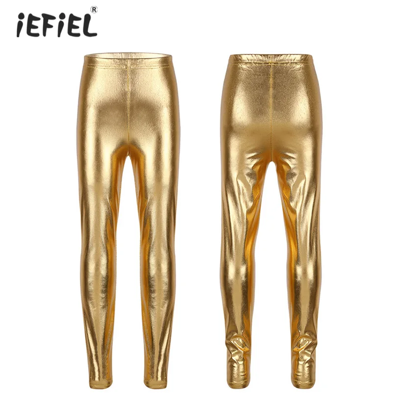 

IEFIEL Kids Girls Dance Pants Shiny Leggings Metallic Color Elegant Fashion Solid Skinny Pencil Pants Dance Costume Performance