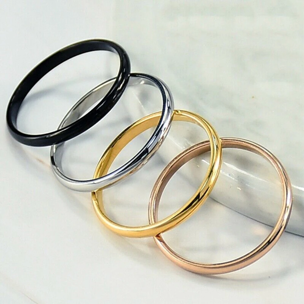 

Simple Fashion Punk Fashion 2mm Thin Stackable 4 Colors Ring Size 3-10 Stainless Steel Plain Band Party Jewelry for Women Girl