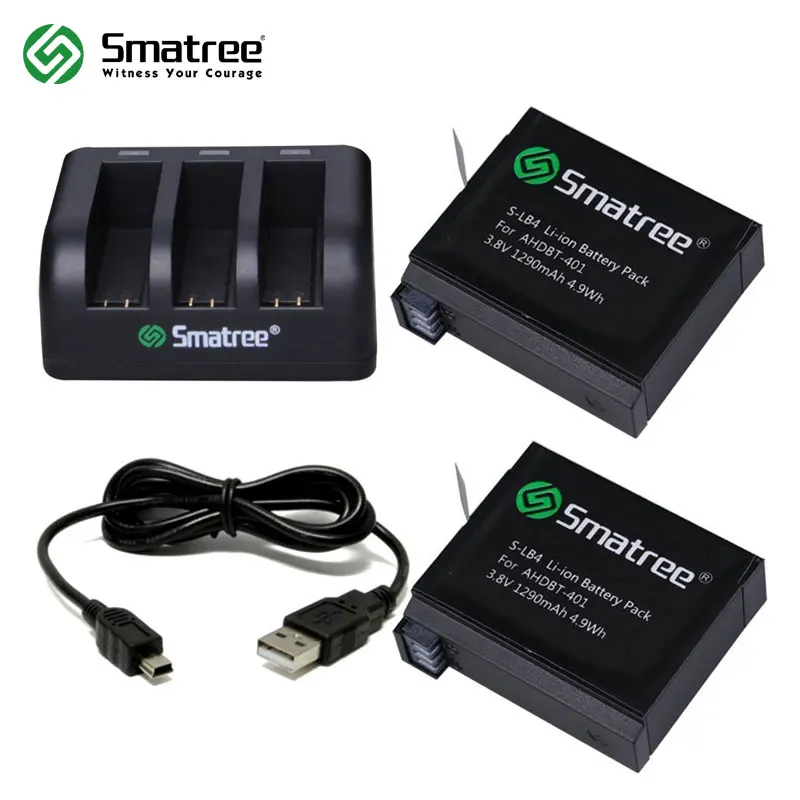 

Smatree 1290mAh Replacement battery for GoPro Hero4 Action Camera(2 Pack) Bundle with 3-Channel charger and USB Cord