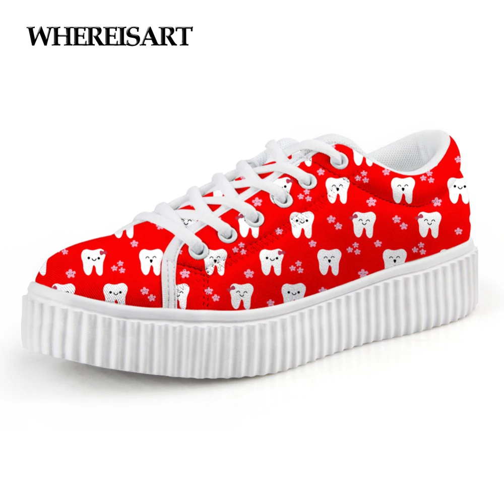 

WHEREISART Cute Dentist Pattern Ladies Shoes Flats Height Increasing Red Platform Breathable Women Shoes Dentista Zapatos Mujer