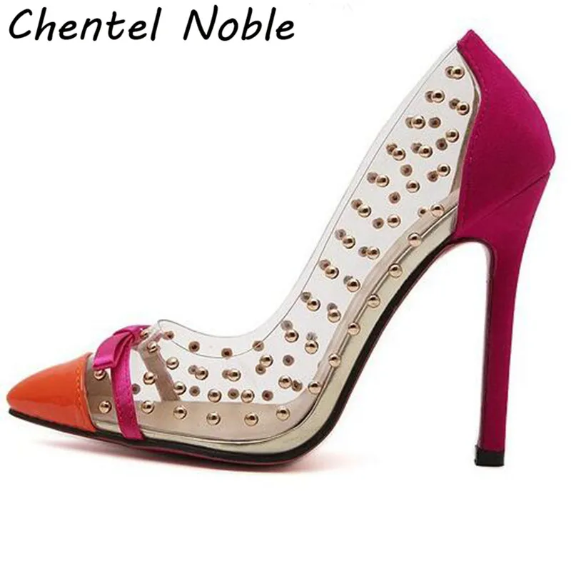 

Bow-Knot And Studded Clear PVC Leather Slip On Women Pumps Thin High Heels Cover Heel Wedding Party Shoes Woman Three Style