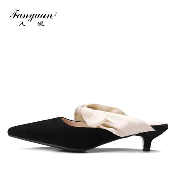 

Fanyuan 2017 Summer Fashion Women Pump Thin Heels Sandal High Quality Kid Suede Mules Slipper Sexy Lace-up Bow Pointed Toe Shoes