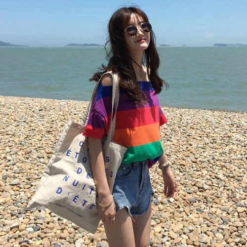 

Colorful Striped Loose Casual Elastic Street Sexy Flash Neck Short Sleeve 2019 Hot Sale All Match Female Women T-shirts