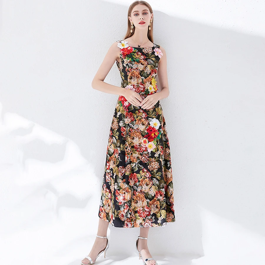

VERDEJULIAY Runway Elegant Dresses 2019 Summer Sleeveless 3D Print Luxury Flower Print Beading Sequined Slim Colorful Long Dress