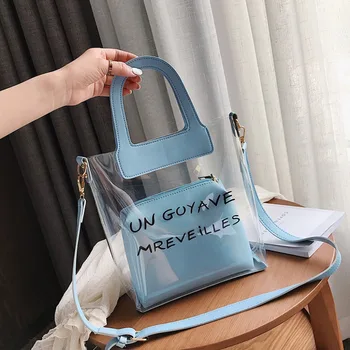 

Black Transparent Shoulder Pure Color Shoulder Bag Jelly Candy Beach Handbag Messeng Bag letter Large Capacity Bucket Bag Ladies