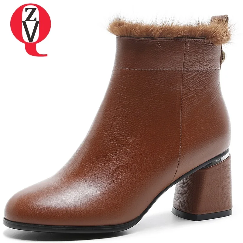 

ZVQ 2018 new fashion shoes women winter outside plush warm boots women high square heel zipper black and brown lady ankle boots