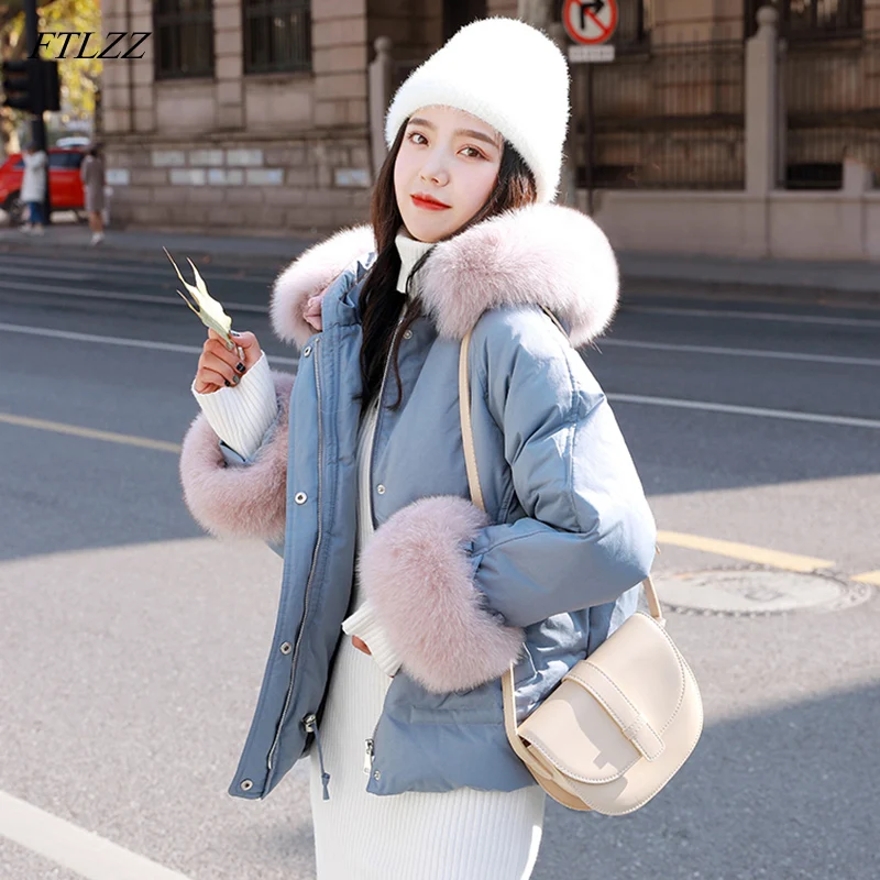 

Fitaylor 2019 Winter Jackets Women Duck Down Large Natural Fox Fur Short Coat Hooded Parkas Female Slim Snow Outwear
