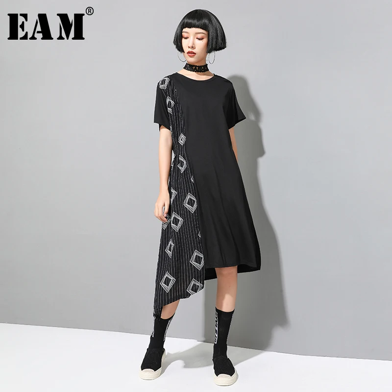 

[EAM] 2019 New Spring Summer Round Neck Short Sleeve Black Striped Irregular Loose Big Size Dress Women Fashion Tide JX498