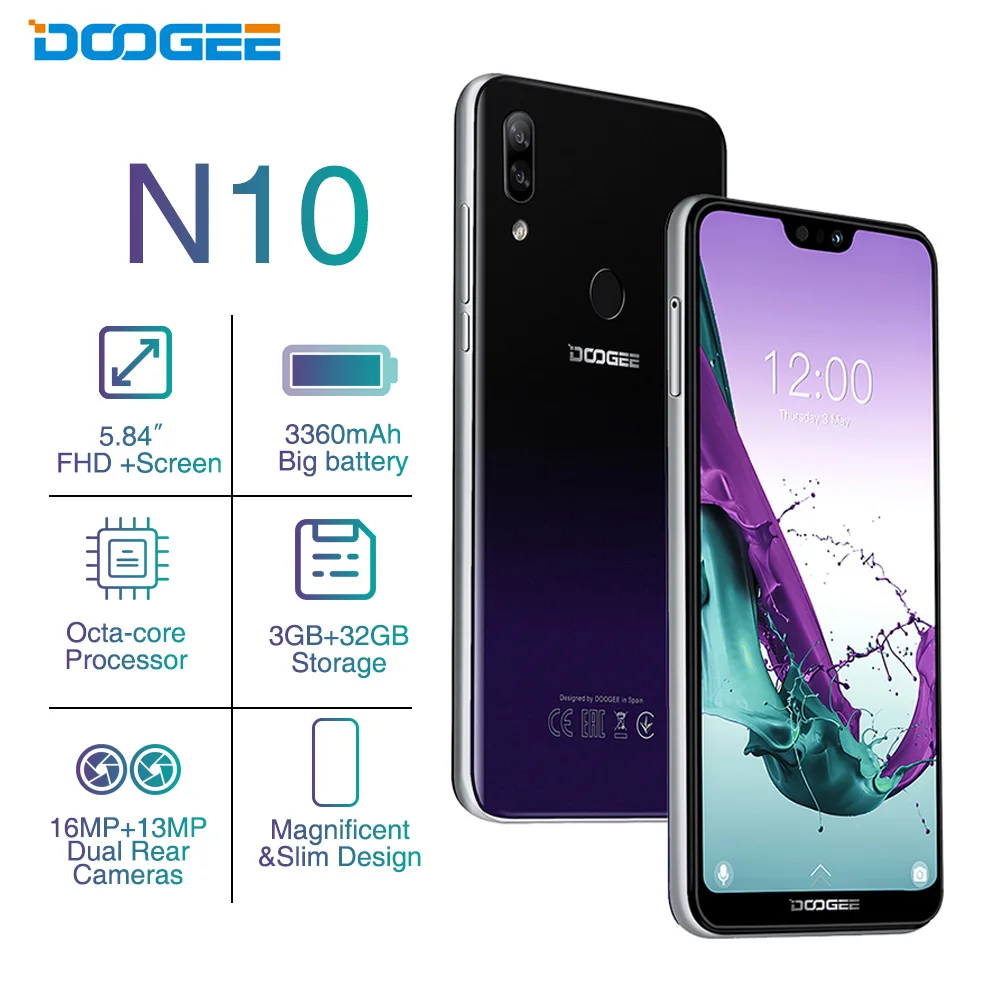 

DOOGEE N10 Octa-Core 3GB RAM 32GB ROM Android 8.1 Smartphone 5.84inch FHD+ 19:9 Display 16.0MP Camera 3360mAh Mobile Phone