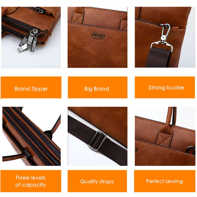 Leather Briefcase JEEP BULUO 14 inch Laptop Business Bags Men Briefcases Set For Handbags Leather Office Large Capacity Bags