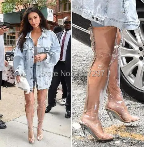 Clear Perspex Stiletto High Heels Shoes Transparent Strange Style heel Thigh High Boots Women PVC Rain Booties Kim Kardashian