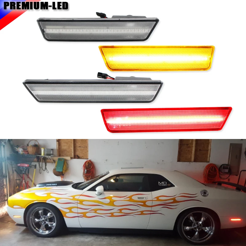 

(4) Clear Lens Front & Rear Side Marker Lamps with 120-SMD LED Lights For 08-14 Dodge Challenger (Front: Amber, Rear: Red)