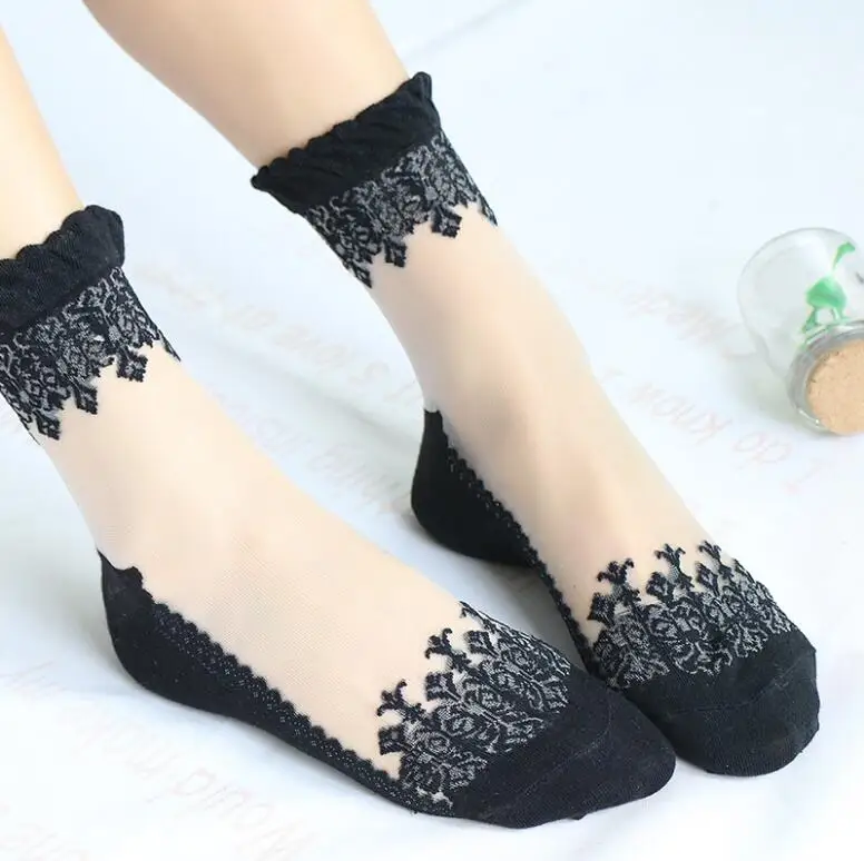 5 Pairs/lot Women Ultra-thin Lace Crystal Silk Socks Summer Fall Cotton ...