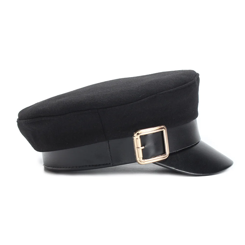 Черные кожаные военная шляпа Для женщин армии Кепки дамы Бейкер мальчик шляпу Демисезонный утконоса Женская плоская кепка Top Hat