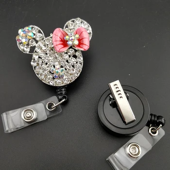 

100pcs/lot Pink Bow Red Rhinestone Mouse Head Retractable ID Badge Reel
