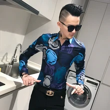 Осень Зима Новая мужская рубашка мода уличная Мужская Повседневная рубашка с длинным рукавом приталенная рубашка с принтом Мужская одежда 3XL синий