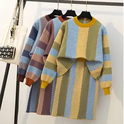 Большой размер L-4XL осень зима женский новый полосатый свитер вязаный комплект юбка для отдыха модный Удобный Теплый Вязаный топ + юбка из