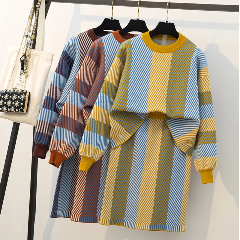 

Large size L-4XL autumn winter women new stripe sweater knit set skirt Leisure fashion comfortable warm Knit top+skirt two-piece