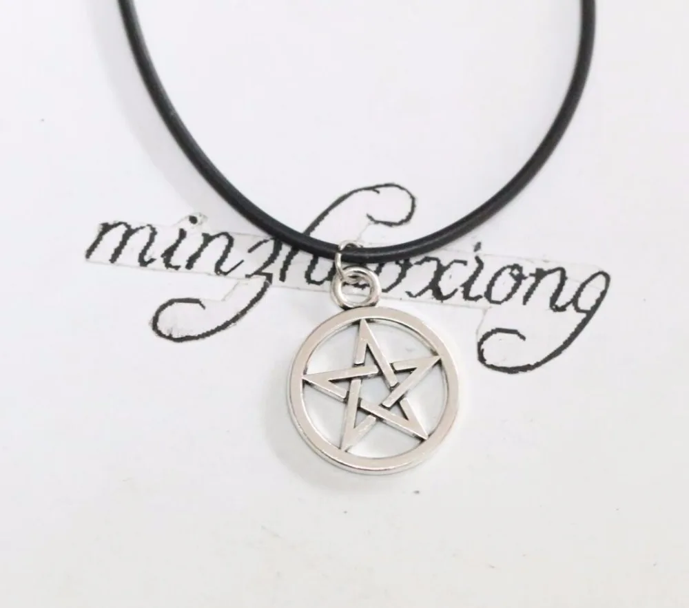 

Star Choker Necklace Vintage Antique Silver Pendant Charm Black Rubber Chain Pentagram Pentacle Wicca