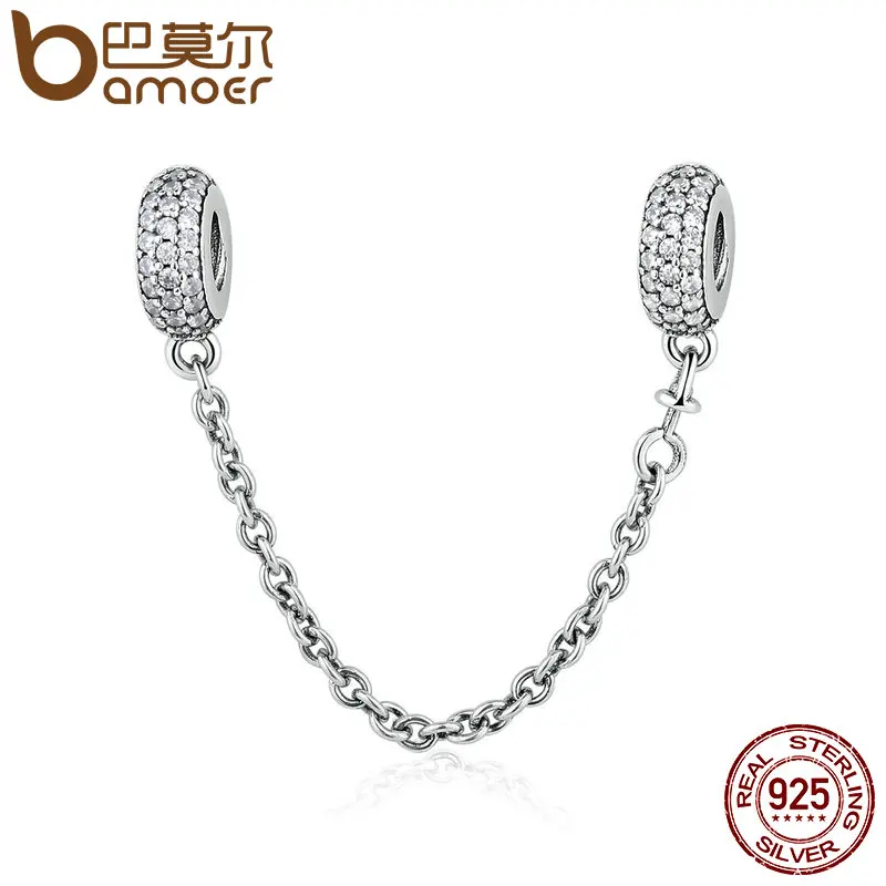 100% 925 Sterling Silver Pave Inspiration Safety Chain, Clear CZ Stopper Charms fit  Charm Bracelet DIY Jewelry PSC011