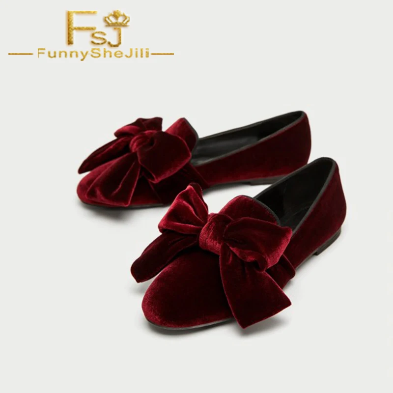 Бархатные Лоферы бордового цвета для женщин; Милая обувь на плоской подошве с круглым носком и бантом; женская обувь из флока с бабочкой в стиле «конт» на Рождество; FSJ - Цвет: FSJ01