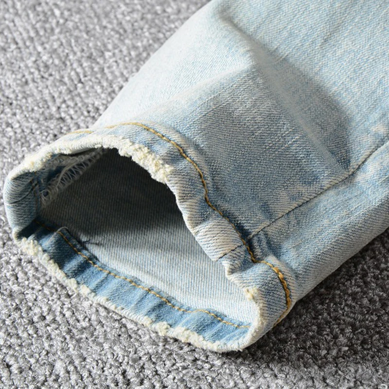 Fashion Streetwear Men Jeans Retro Light Blue Wash Slim Fit Destroyed Ripped Jeans Men Patch Designer 5