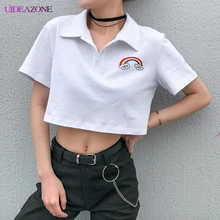 UIDEAZONE хлопковая Модная белая укороченная футболка с радужным