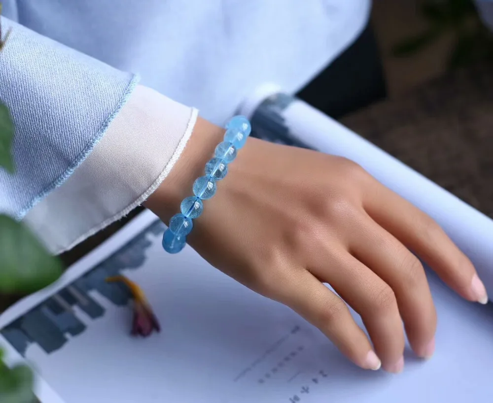 100% Natural Blue Topaz Crystal 10mm Round Beads Bracelet Women Man Stretch Round Big Beads Bangle Fashion AAAAAA Healing Stone (3)