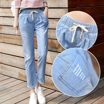 

Nonis 2018 Summer New Women Casual straight jeans loose boyfriend street wear student elastic waist drawstring pant Plus size