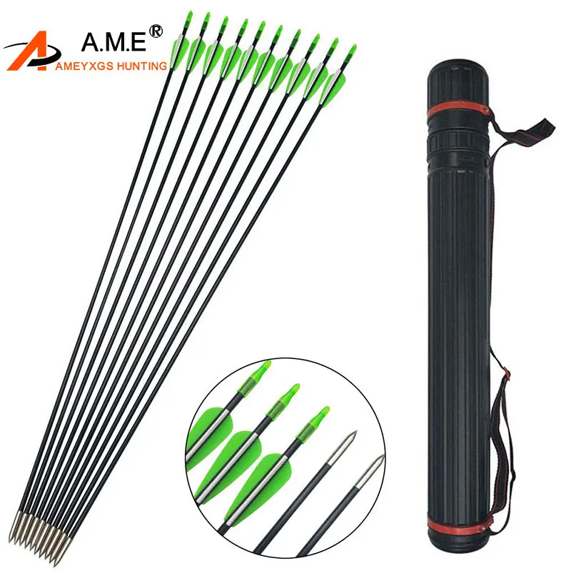 

12/24pcs 1 Quiver Archery Fiberglass Arrows Green Rubber Vane 31" with Arrow Target Practice Arrow Spine 900 for Recurve Bow