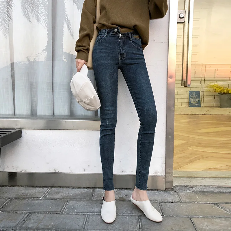 

Spring Jeans Woman Cotton Vintage Skinny Elastic High Waist Pants Ladies Blue Hollow Waist Irregular Pencil Jeans Plus Size
