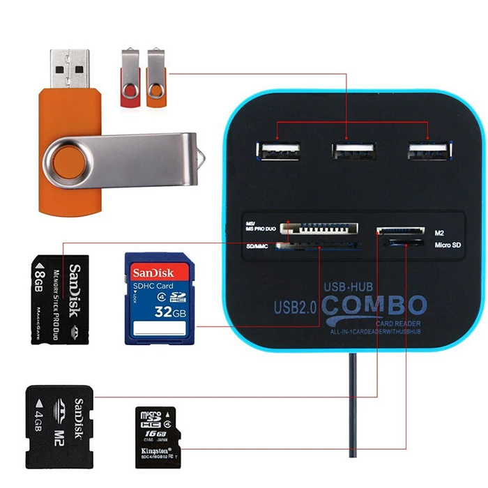 3 порта usb хаб картридер Мульти USB сплиттер 7 в 1 Поддержка Micro TF SD M2 MS SDHC MMC карта 2 0