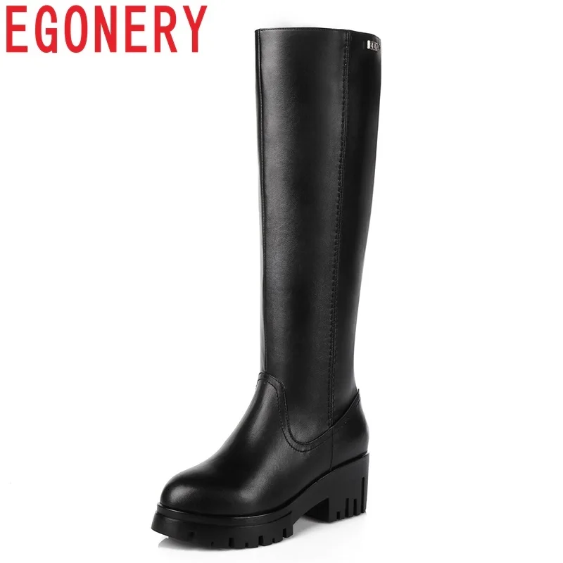 

EGONERY shoes women hot sale newest high quality genuine leather round toe zipper high square heel platform concise high boots