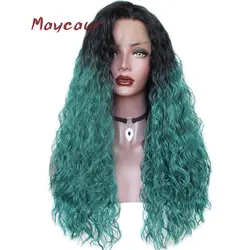 Длинные вьющиеся синтетический Синтетические волосы на кружеве парик с волосы младенца Ombre зеленый свободные парики для Для женщин 180