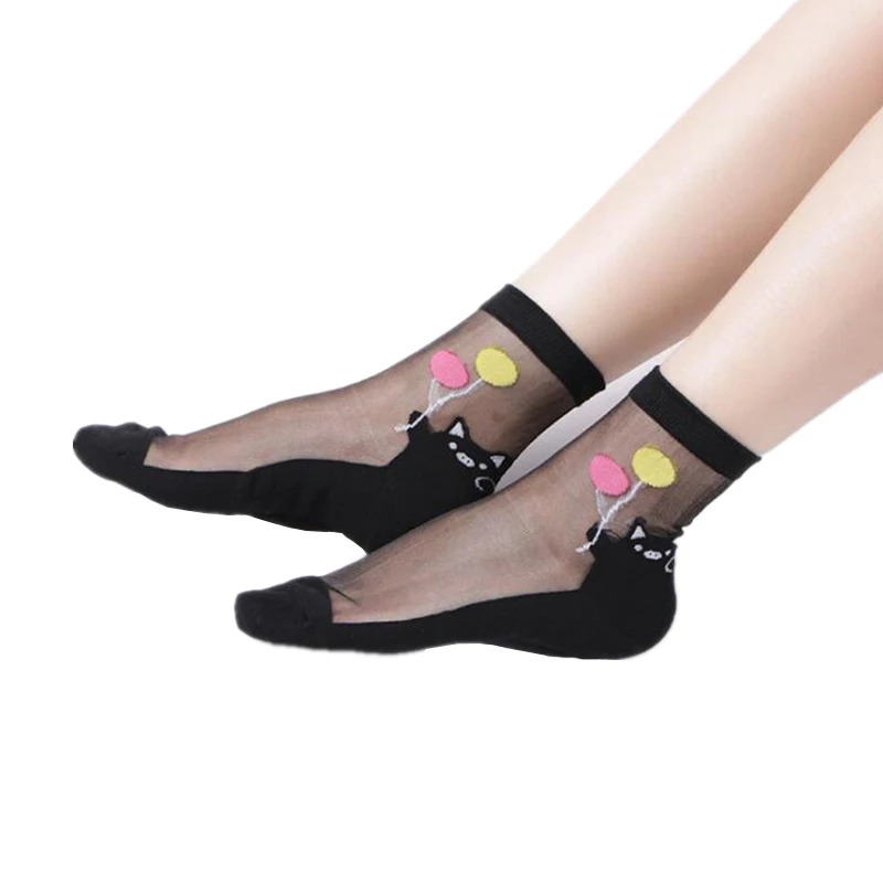 

CHSDCSI 2018 New Summer Bamboo Female Cat Short Socks Women's Socks Thin Crystal Transparent Silk Girl Ankle Sox Funny Socks