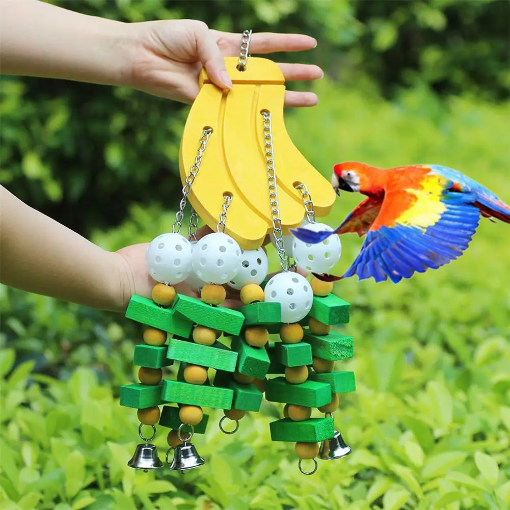 Banana Strings Bird Parrot Toy Natural Wooden With Bell Chewing Bite Hanging Cage Swing Climb Chew Toys For Bird Parrot Q31