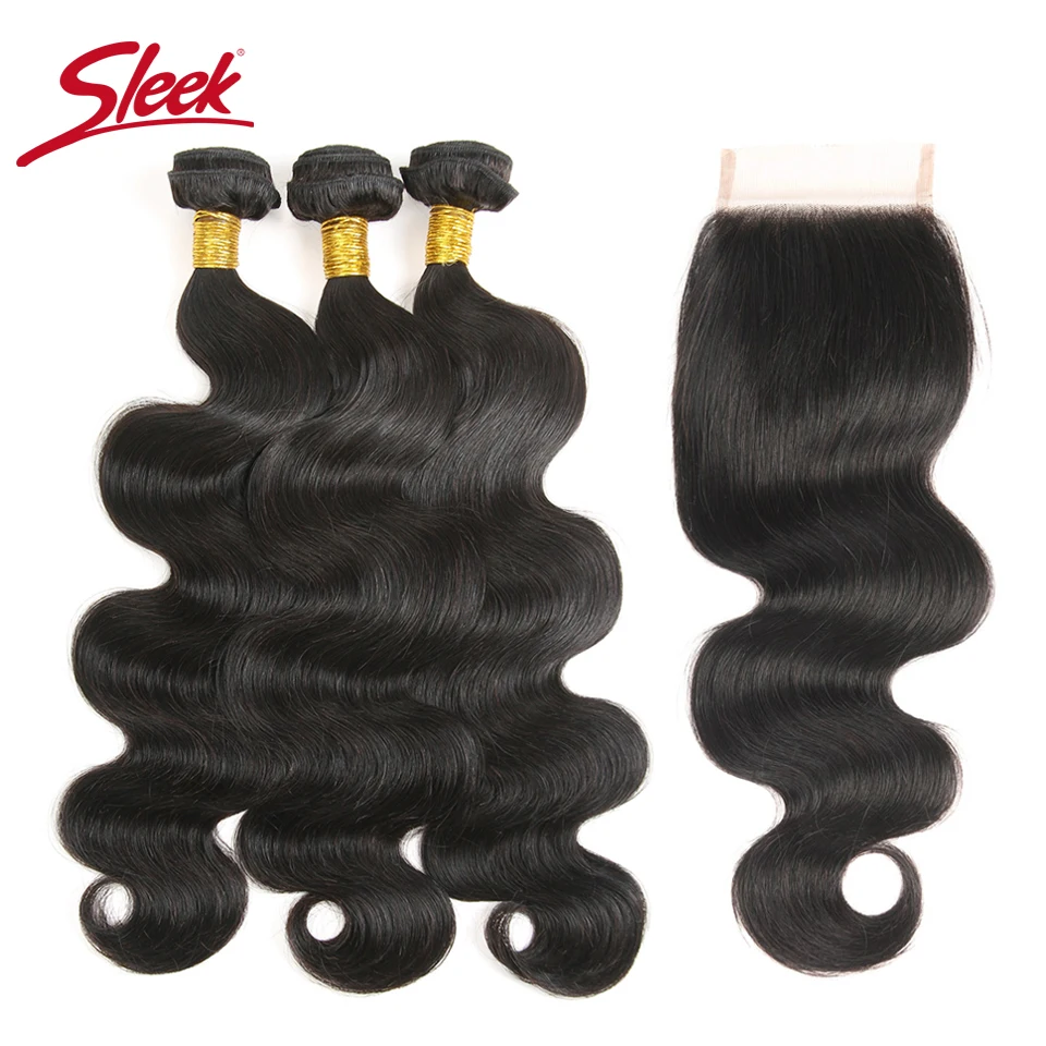 

Sleek Pre-colored Human Hair 2 3 4 Bundles With 4X4 Lace Frontal Closure Brazilian Body Weave Bundles With Closure Free Ship