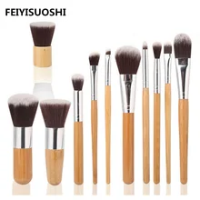 11Pcs Pro Beauty Makeup Brushes Set Bamboo Handle Flat Foundation Powder Brush Eyebrow Eyeliner Lip Contour