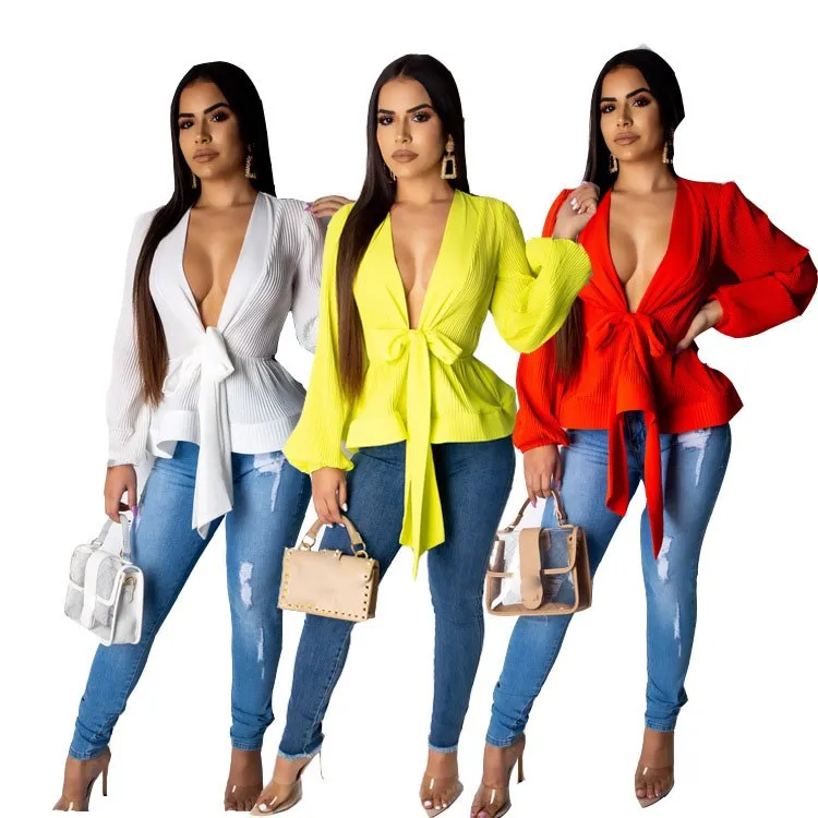 

Womens Pleated Chiffon Blouses Deep V Neck Lantern Long Sleeve Shirts Sexy Street Blouses