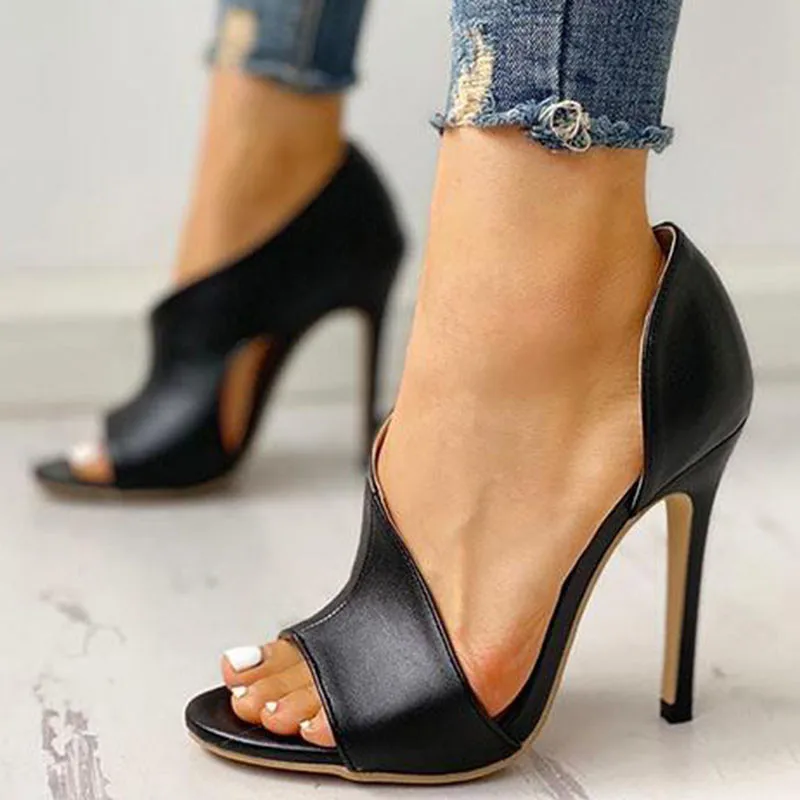 Sexy Women Irregular Pumps High Stiletto Heels Leather Black Open Toe Ladies Sandals Party Wedding Shoes Chaussures Femme X003W