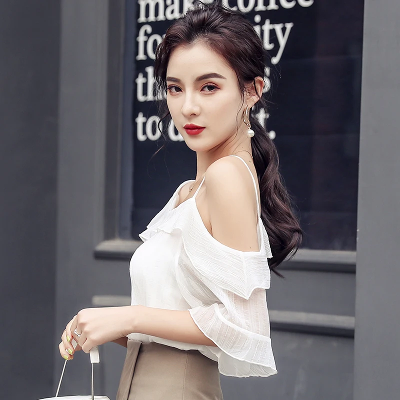 

Korean Fashion Chiffon Women Blouses Ruffles Slash Neck White Women Shirts Plus Size See Through Top Women Sexy Shirt