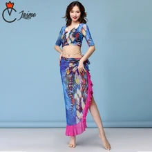 New Fashion Women Dance Clothing Tie-dye Peacocks Belly Dance Costume 2pcs Top Skirt linen swing Ruffle skirt New Fashion Women Dance Clothing Tie-dye Peacocks Belly Dance Costume 2pcs Top Skirt linen swing Ruffle skirt