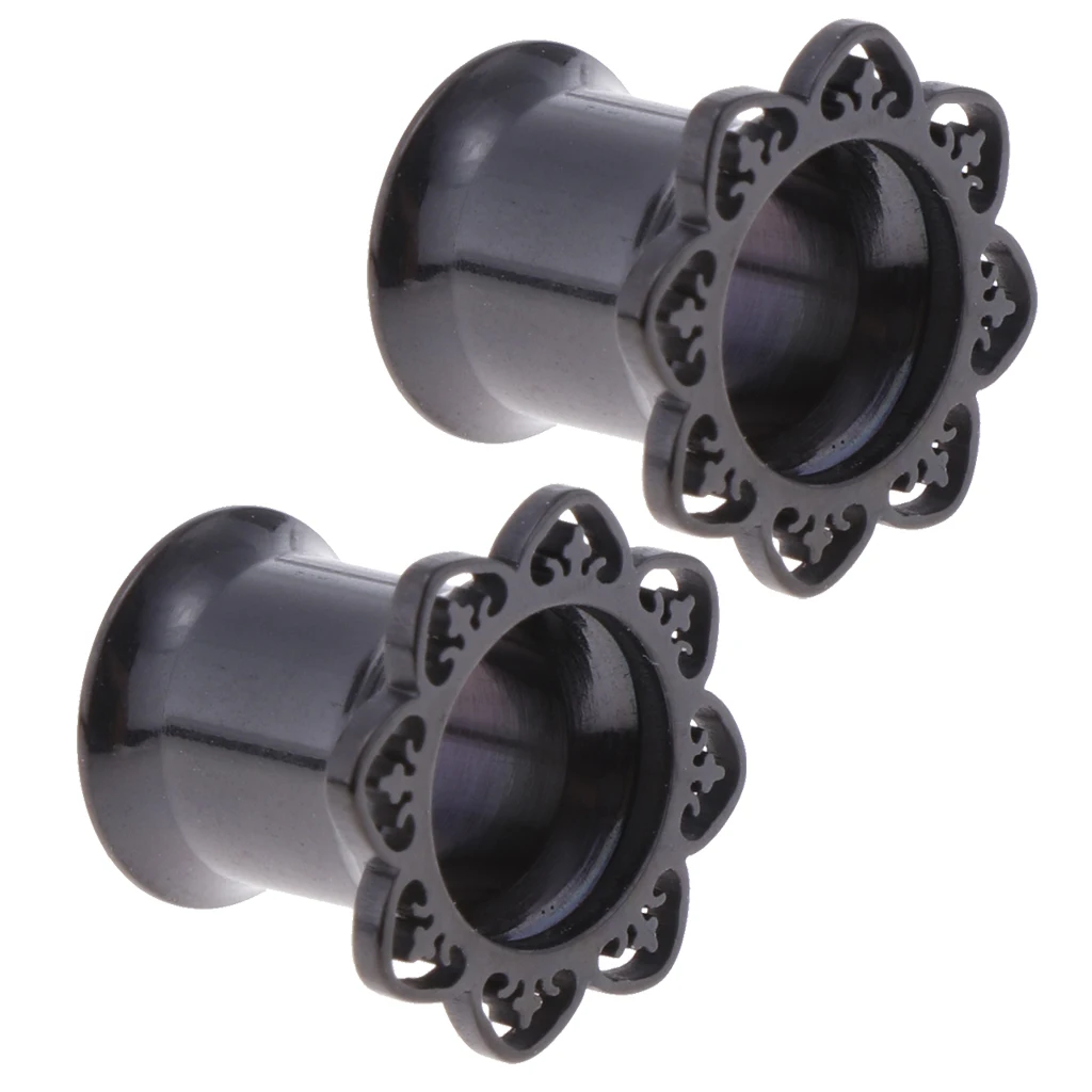 2Pieces Black Flower Stainless Ear Flesh Tunnels Flared Earrings Gauges 8mm