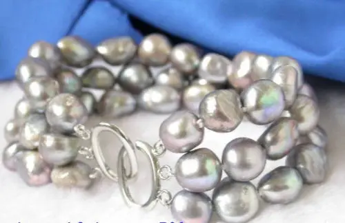 

unique 3strands 9-11mm gray baroque pearls bracelet bangle 7.5" AS^^^@^Noble style Natural Fine jewe SHIPPING 5.25
