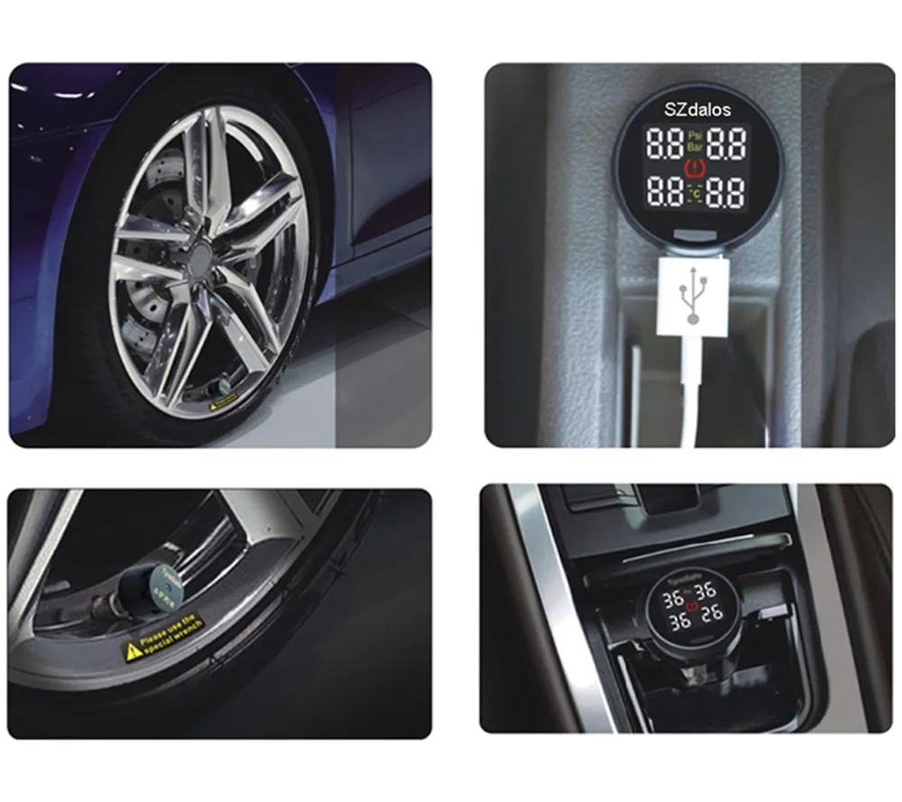 SZDALOS Car TPMS Wireless Tire Pressure Monitoring System + 4 mini External Sensors(0~6.8 bar/0~99 psi) Cigarette Lighter tmps