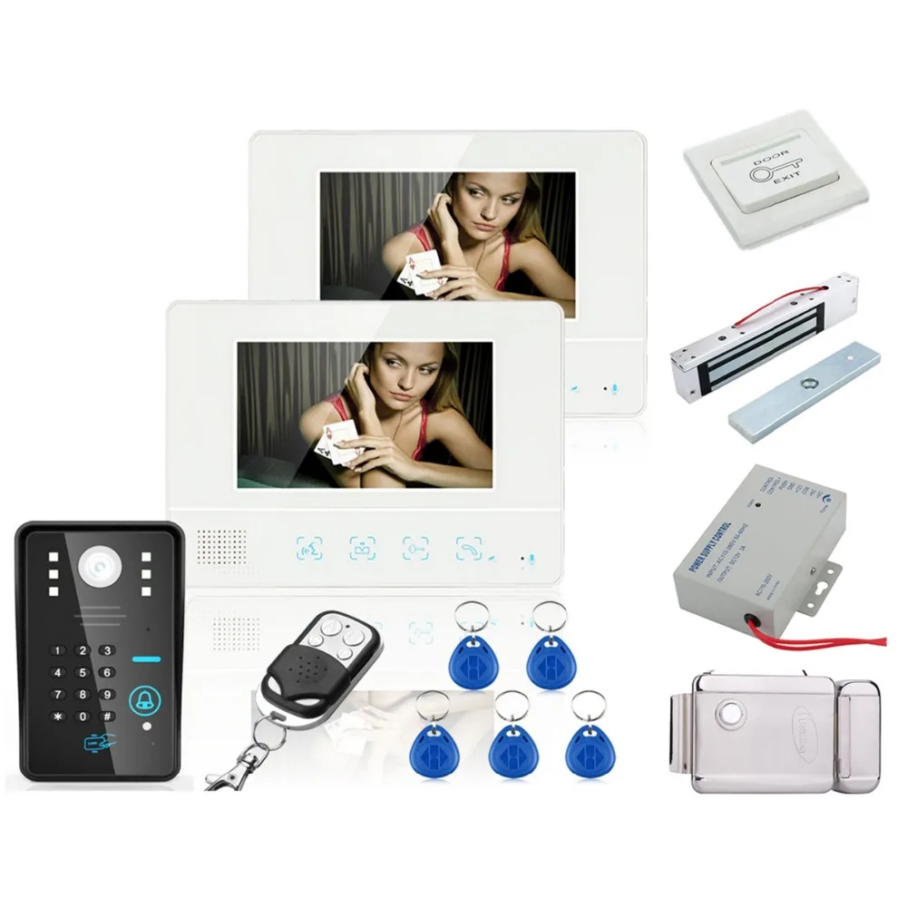 

Home Security Wired Touch Key 7" Video Door Phone Intercom System RFID Keypad Code Number Doorbell Camera 2 Monitor 1000TVL+Lock