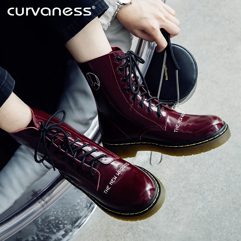 

Curvaness Black Patent Leather Ankle Boots For Women Lace Up Boots Women Winter Warm Plush Women Boots Street Style Shoes