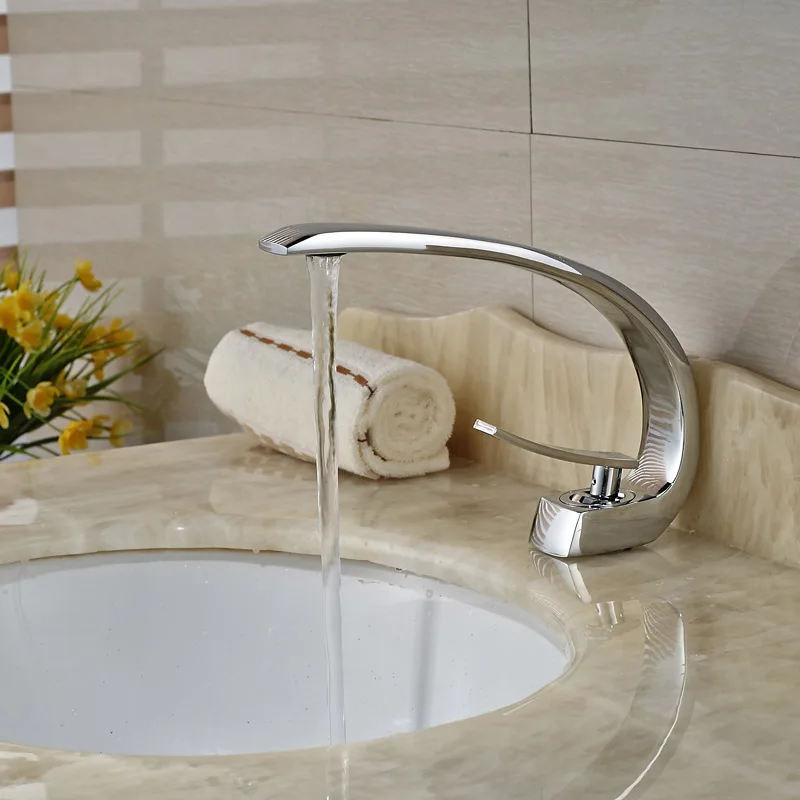 Chrome Single Handle Curve Shape Basin Faucet Deck Mount Brass Bathroom Vessel Sink Mixer Taps